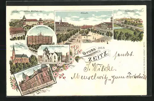 Lithographie Zeitz, Schloss Moritzburg, Altmarkt, Auebrücke, St. Michaelis Kirche