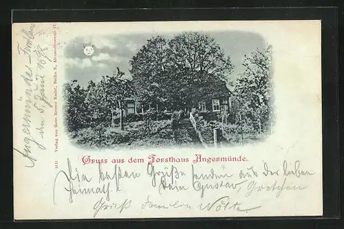 Mondschein-AK Angermünde, Forsthaus bei Nacht