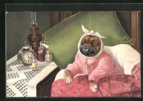 Künstler-AK Bulldogge mit Zahnweh im Bett, vermenschlichte Tiere