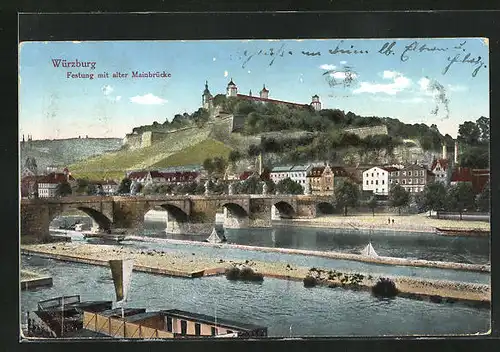 AK Würzburg, Festung mit alter Mainbrücke, Mainufer