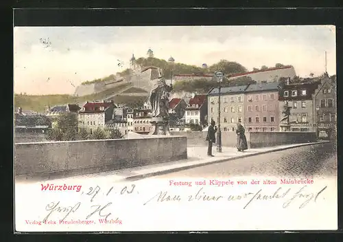 AK Würzburg, Mainufer, Festung und Käppele von der alten Mainbrücke aus gesehen