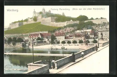 AK Würzburg, Mainufer, Festung Marienberg (Blick von der alten Mainbrücke)