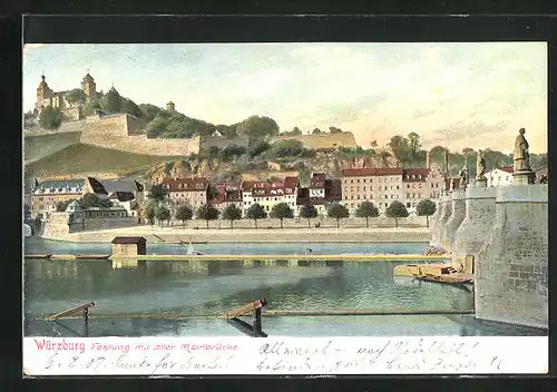 AK Würzburg, Festung mit alter Mainbrücke, Mainufer