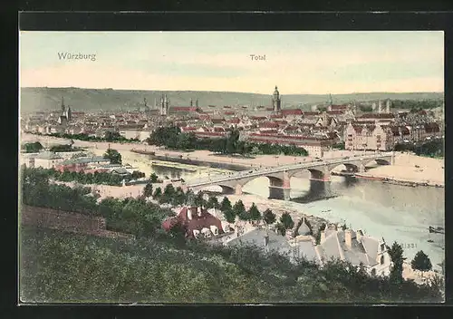 AK Würzburg, Ortsansicht mit Mainufer und Brücke