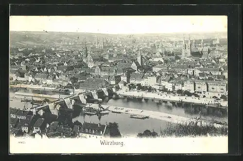 AK Würzburg, Ortsansicht mit Brücke und Mainufer