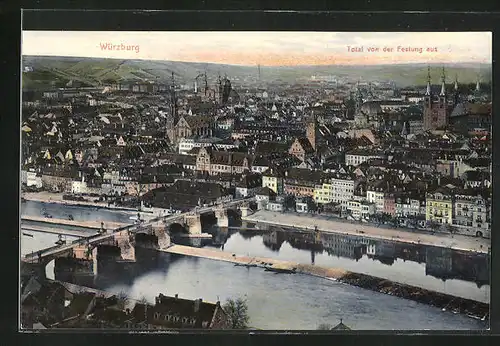 AK Würzburg, Ortsansicht mit Mainufer und Brücke