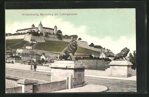 AK Würzburg, Marienberg und Ludwigsbrücke vom Mainufer aus gesehen