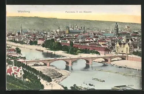 AK Würzburg, Panoramablick vom Käppele, Mainufer und Brücke