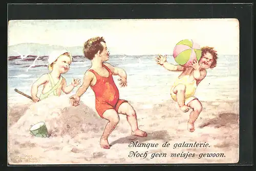 Künstler-AK Arthur Thiele unsign.: Jungen spielen am Strand und werfen einen Ball auf das Mädchen