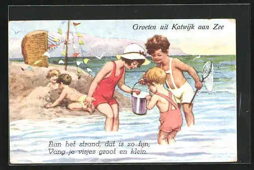 Künstler-AK Arthur Thiele unsign.: Katwijk aan Zee, Kinder spielen am Strand