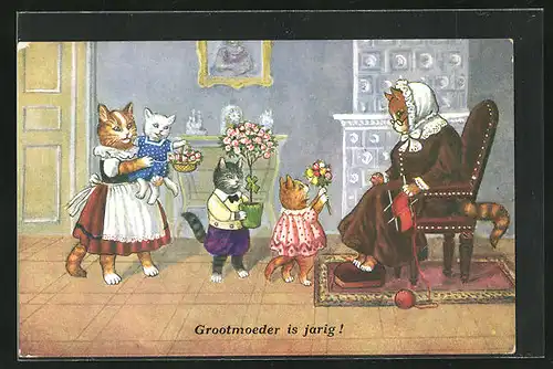 AK Katzenkinder gratulieren der Grossmutter mit Blumen, vermenschlichte Tiere