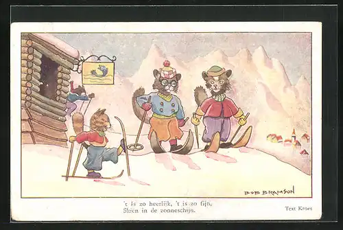 AK Katzen beim Skifahren im Gebirge, vermenschlichte Tiere