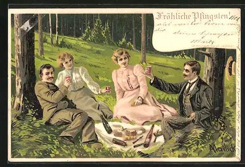Künstler-AK Alfred Mailick: Gesellschaft beim Picknick im Wald, Fröhliche Pfingsten!