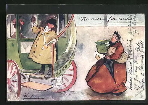 Künstler-AK L. Thackeray: Dame mit Paketen in der Hand findet keinen Platz mehr in der Kutsche