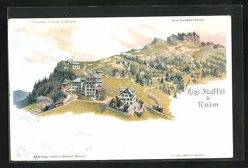 Künstler-AK C. Steinmann Nr. 2069: Rigi-Staffel, Blick auf Rigi-Kulm, Eisenbahnlinie
