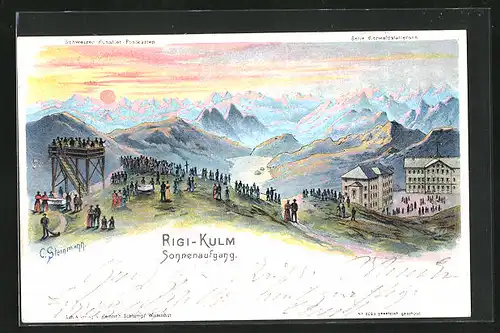 Künstler-AK C. Steinmann Nr. 2063: Rigi-Kulm, Menschen betrachten den Sonnenaufgang