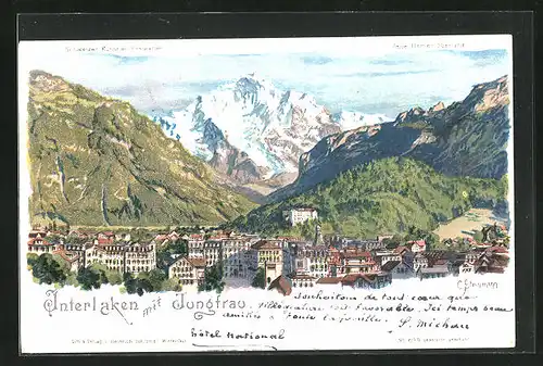 Künstler-AK C. Steinmann Nr. 2138: Interlaken, Ortsansicht, Blick zur Jungfrau