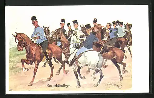 Künstler-AK Fritz Schönpflug: Soldaten zu Pferde, Rossebändiger