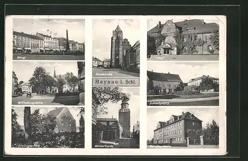 AK Haynau, Wilhelmsplatz, Ring, Bahnhof, Schlossplatz, Berufsschule, Weberturm, Domkirche