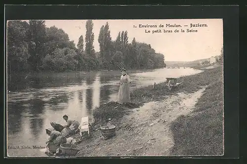 AK Juziers, Le petit bras de la Seine, Waschfrauen am Ufer