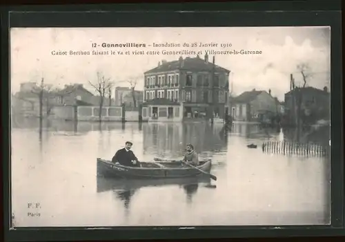AK Gennevilliers, Inondation du 28 Janvier 1910, Canot Berthon faisant le va, Hochwasser