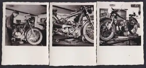 3 Fotografien Motorrad-Werkkstatt, Puch - Motorrad mit Doppelkolben wird repariert