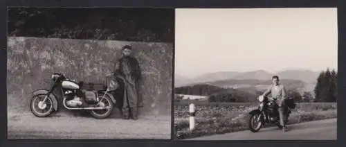 2 Fotografien Motorrad Jawa, Bursche unternimmt eine Ausfahrt mit dem Krad