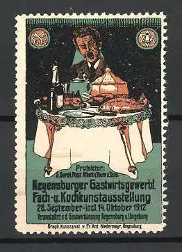 Reklamemarke Regensburg, Gastwirtsgewerbl. Fach- und Kochkunstausstellung 1912, Mann blickt auf einen gedeckten Tisch