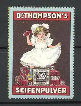 Reklamemarke Dr. Thompson's Seifenpulver, hübsches Mädchen sitzt auf Schachteln