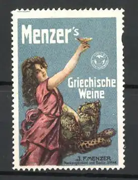 Reklamemarke Menzer's Griechische Weine, J. Menzer, Neckargemünd, Fräulein mit Weinglas und Leoparden