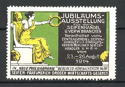 Reklamemarke Berlin, Jubiläums-Ausstellung f. d. Seifenhandel 1914, Göttin sitzt auf dem Thron