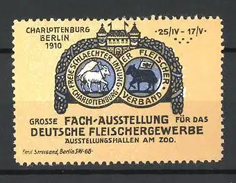 Reklamemarke Berlin, Grosse Fach-Ausstellung f. d. Deutsche Fleischergewerbe 1910, Vereinswappen