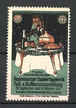 Reklamemarke Regensburg, Gastwirtsgewerbl. Fach- und Kochkunstausstellung 1912, Mann blickt auf einen gedeckten Tisch