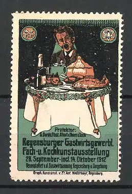 Reklamemarke Regensburg, Gastwirtsgewerbl. Fach- und Kochkunstausstellung 1912, Mann blickt auf einen gedeckten Tisch