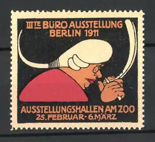 Reklamemarke Berlin, III. Büro-Ausstellung 1911, Schriftsteller spitzt seine Schreibfeder