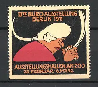Reklamemarke Berlin, III. Büro-Ausstellung 1911, Schriftsteller spitzt seine Schreibfeder