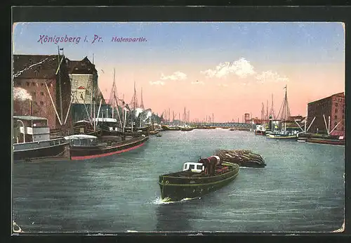 AK Königsberg i. Pr., Hafenpartie mit Fähre und Segelbooten