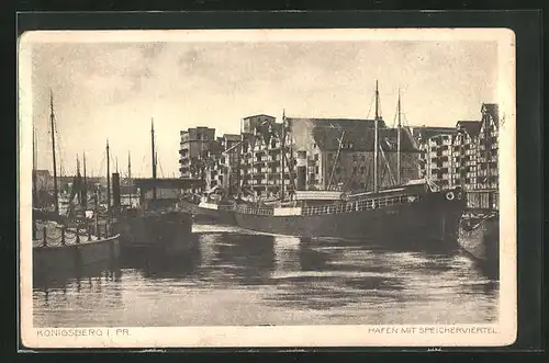 AK Königsberg i. Pr., Hafen mit Speicherviertel