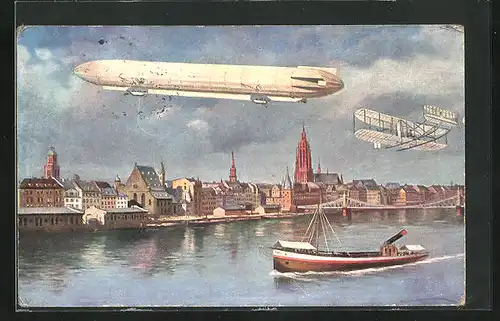 AK Zeppelinfahrt über die Stadt in Begleitung eines Flugzeuges