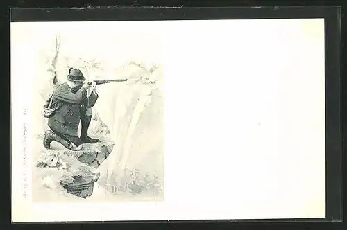 AK Jäger zielt mit seinem Gewehr auf Wild auf der gegenüberliegenden Gebirgsseite