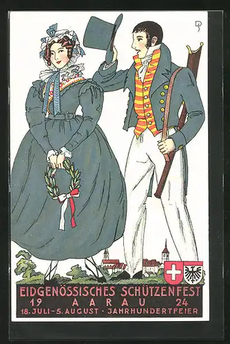 Künstler-AK Aarau, Eidgenössisches Schützenfest 1924, Paar in festliches Kleidung