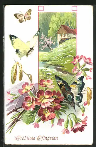 Präge-Lithographie Frühlingslandschaft mit Mühle und Schmetterlingen