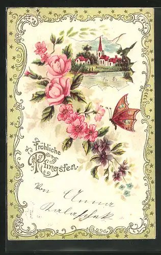 Präge-Lithographie Landschaft im Frühling mit Schmetterling und Rosen