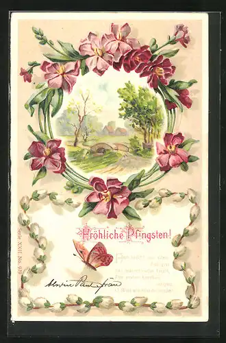 Präge-Lithographie Landschaft mit Frühlingsblüten und Schmetterling