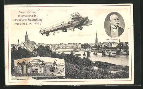 AK Frankfurt a. Main, Internationale Luftschiffahrt-Ausstellung 1909, Panorama, Festhalle und Zeppelin
