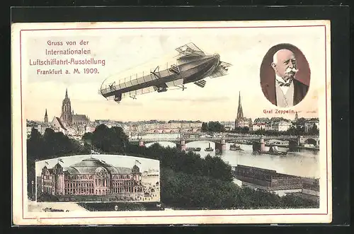 AK Frankfurt a. Main, Internationale Luftschiffahrt-Ausstellung 1909, Panorama, Zeppelin und Festhalle