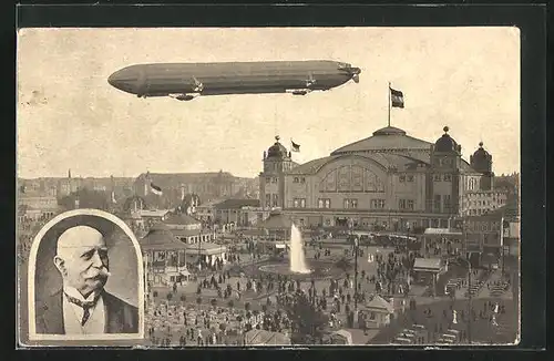 AK Frankfurt a. Main, Internationale Luftschiffahrt-Ausstellung 1909, Zeppelin über dem Festgelände