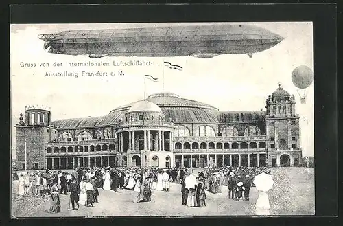 AK Frankfurt a. Main, Internationale Luftschiffahrt-Ausstellung 1909, Festgebäude und Zeppelin