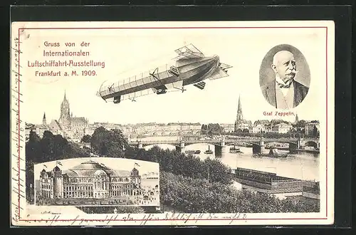 AK Frankfurt a. Main, Internationale Luftschiffahrt-Ausstellung 1909, Panorama, Zeppelin & Festgebäude