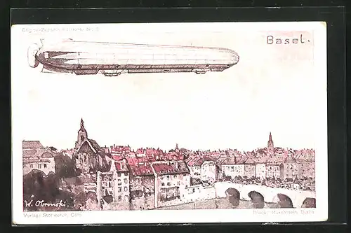 Künstler-AK Basel, Zeppelin über der Stadt, Reklame Stollwerck